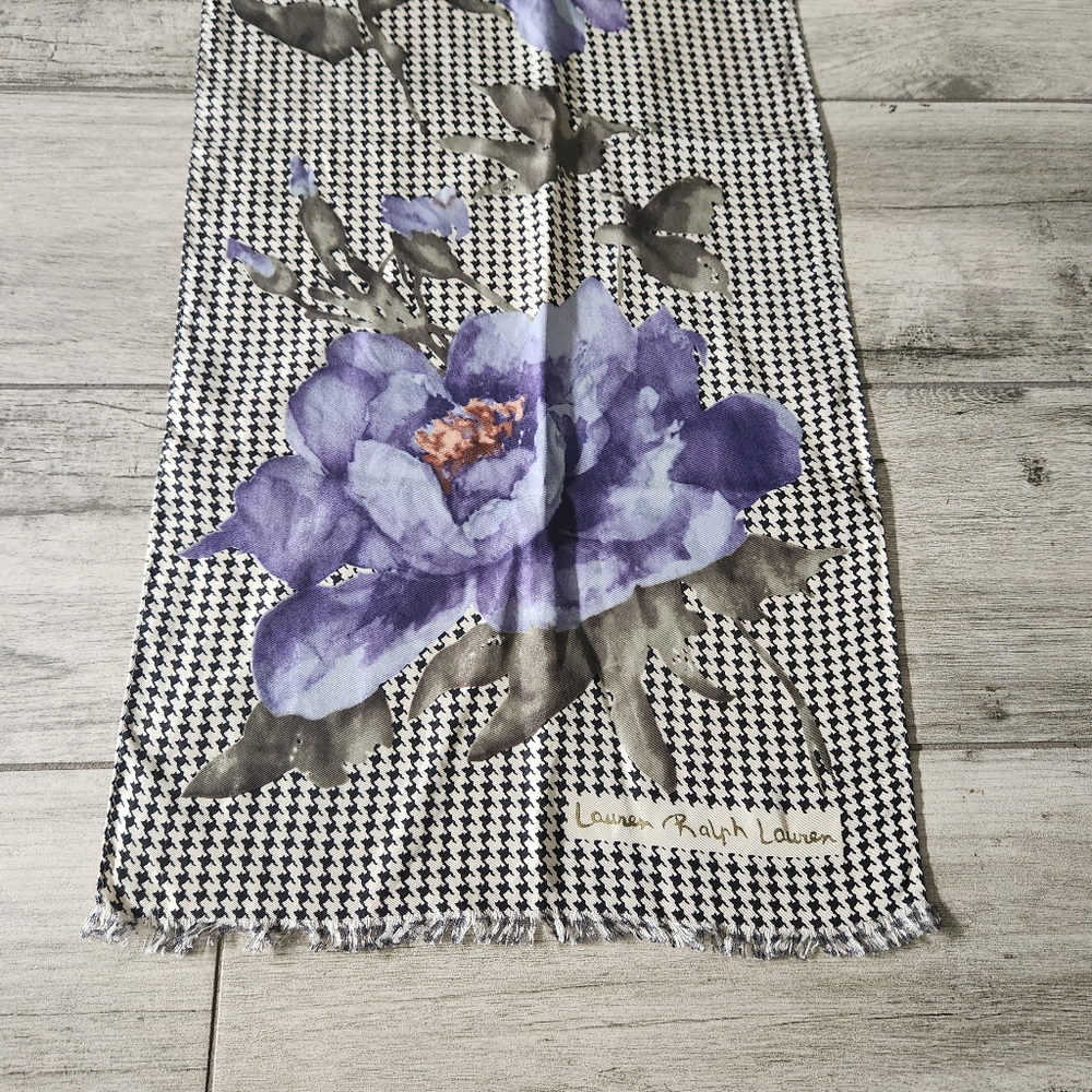 Vintage Ralph Lauren Silk Houndstooth & Floral Long Scarf Purple Flowers 12x52 - Picture 6 of 13